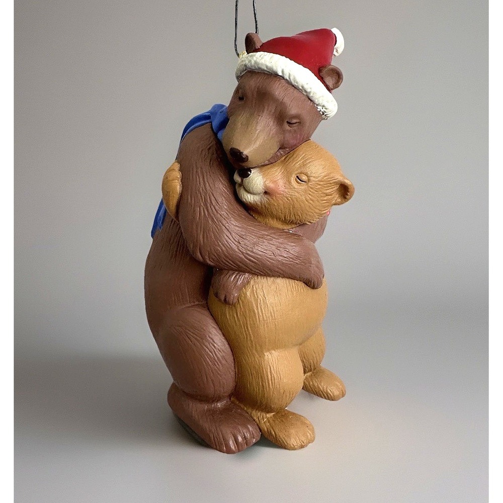 Hallmark Ornament Mom and Dad Brown Bear Hug 1996 Santa Hat Candy Cane Scarf